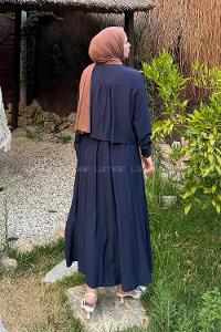 Navy Blue Shirt Collar Long Arm Cotton Lycra Flare Suit