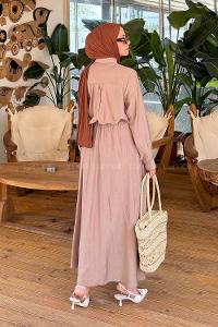 Lamelif Omuz Pile Detaylı Etekli Takım Vizonrengi