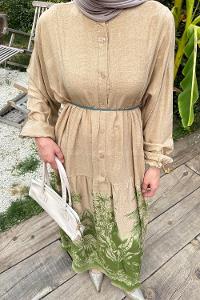 Lamelif Palmiye Desenli Elbise Yeşil