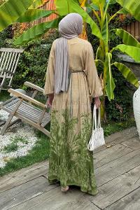 Lamelif Palmiye Desenli Elbise Yeşil