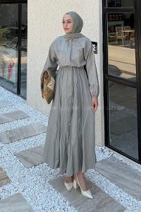 Lamelif Pat Detaylı Tesettür Elbise Çağla Yeşili