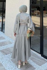 Lamelif Pat Detaylı Tesettür Elbise Çağla Yeşili