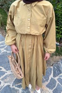 Lamelif Pat Detaylı Tesettür Elbise Hardal Sarısı