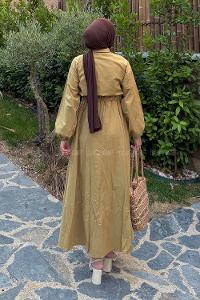 Lamelif Pat Detaylı Tesettür Elbise Hardal Sarısı