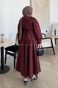 Lamelif Vual Kuşaklı Tesettür Elbise Bordo