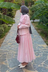 Lamelif Vual Kuşaklı Tesettür Elbise Pembe