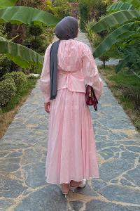 Lamelif Vual Kuşaklı Tesettür Elbise Pembe