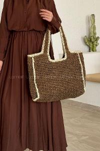 Lamelif Şerit Detay Astarlı Örgü Hasır Plaj Çantası Kahverengi
