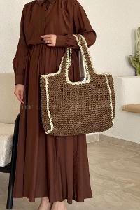 Lamelif Şerit Detay Astarlı Örgü Hasır Plaj Çantası Kahverengi