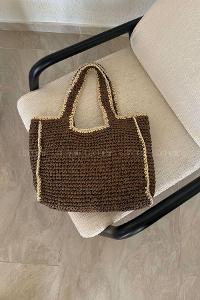 Lamelif Şerit Detay Astarlı Örgü Hasır Plaj Çantası Kahverengi