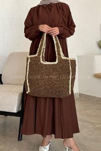 Lamelif Şerit Detay Astarlı Örgü Hasır Plaj Çantası Kahverengi