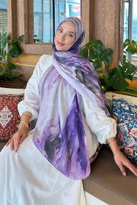 Lamelif Sulu Boya Desen Soft Şal Mor Lila