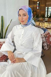 Lamelif Batik Çiçek Desen Soft Eşarp Gök Mavisi