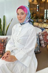 Lamelif Batik Çiçek Desen Soft Eşarp Lacivert Şeker Pembe