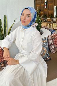 Lamelif Batik Çiçek Desen Soft Eşarp Mavi Bej