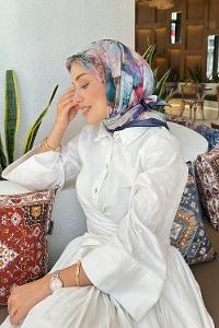 Lamelif Çiçek Desen Soft Eşarp Gece Mavisi