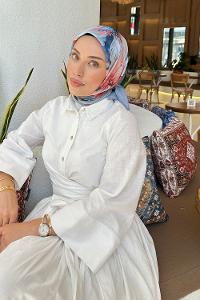 Lamelif Çiçek Desen Soft Eşarp Gök Mavisi