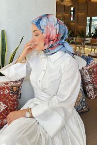 Lamelif Çiçek Desen Soft Eşarp Gök Mavisi