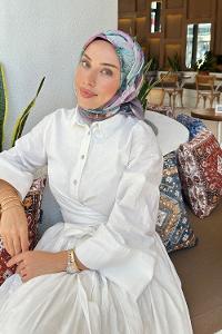 Lamelif Çiçek Desen Soft Eşarp Gri Yeşil