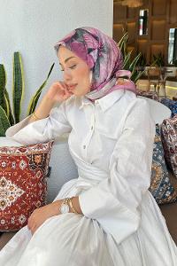 Lamelif Çiçek Desen Soft Eşarp Gül Kurusu
