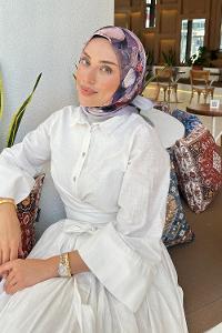 Lamelif Çiçek Desen Soft Eşarp Leylak