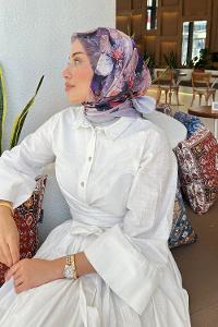 Lamelif Çiçek Desen Soft Eşarp Leylak