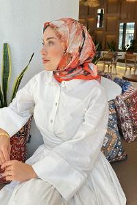 Lamelif Çiçek Desen Soft Eşarp Oranj