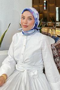 Lamelif Gül Desen Soft Eşarp Gök Mavisi