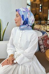 Lamelif Gül Desen Soft Eşarp Gök Mavisi