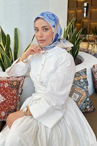 Lamelif Gül Desen Soft Eşarp Mavi Bej