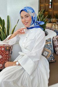 Lamelif Gül Desen Soft Eşarp Saks Mavisi