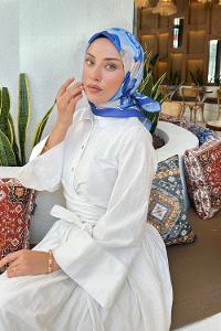 Lamelif Gül Desen Soft Eşarp Saks Mavisi