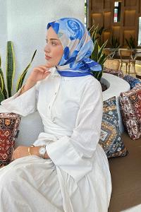 Lamelif Gül Desen Soft Eşarp Saks Mavisi