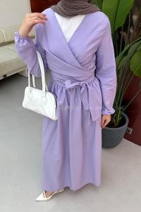 Lamelif Bağlama Detaylı Bluz-Etek Tesettür Takım Lila