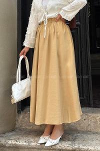 Lamelif Cep Detaylı Keten Etek Kum Beji