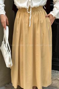 Lamelif Cep Detaylı Keten Etek Kum Beji