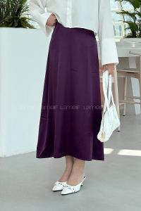 Lamelif Düz Saten Çan Etek Patlıcan Moru