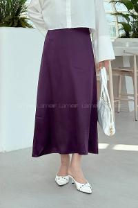 Lamelif Düz Saten Çan Etek Patlıcan Moru