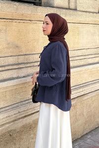 Lamelif V Yaka Kolları Lastikli Müslin Tesettür Gömlek Lacivert