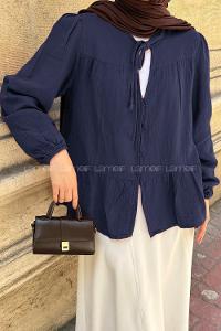 Lamelif V Yaka Kolları Lastikli Müslin Tesettür Gömlek Lacivert