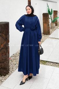 Lamelif Pileli Poplin Elbise Lacivert