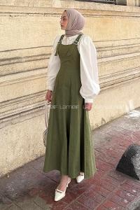 Khaki Scoop Neck Gabardin Unprinted Dresess