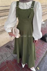 Khaki Scoop Neck Gabardin Unprinted Dresess