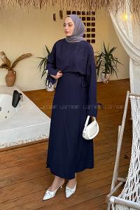 Lamelif Biye Detaylı Etekli Tesettür Takım Lacivert