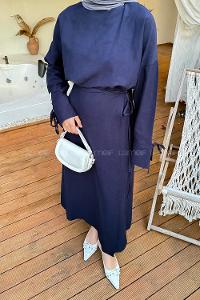 Lamelif Biye Detaylı Etekli Tesettür Takım Lacivert