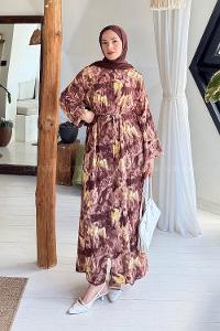 Lamelif Takma Manşet Desenli Tesettür Elbise Camel