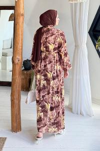 Lamelif Takma Manşet Desenli Tesettür Elbise Camel