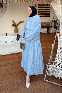 Lamelif Tensel Etek-Bluz Tesettür Takım Bebe Mavisi