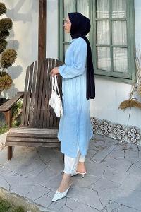 Lamelif Yırtmaç Detaylı Uzun Tesettür Tunik Bebe Mavisi