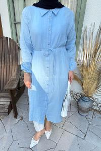 Lamelif Yırtmaç Detaylı Uzun Tesettür Tunik Bebe Mavisi